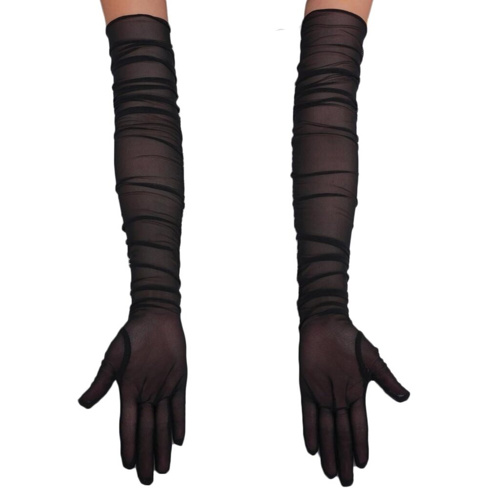 Women's Black Tulle Mesh Satin Long Sheer Gloves Wedding Opera Party Prom - Picture 5 of 7